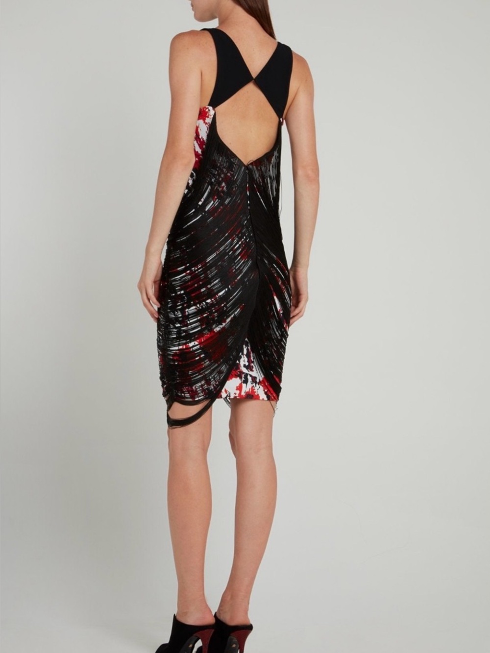 Roberto Cavalli Black and draped Red Fringe-Overlay V-Neck Dress - Picture 3 of 8